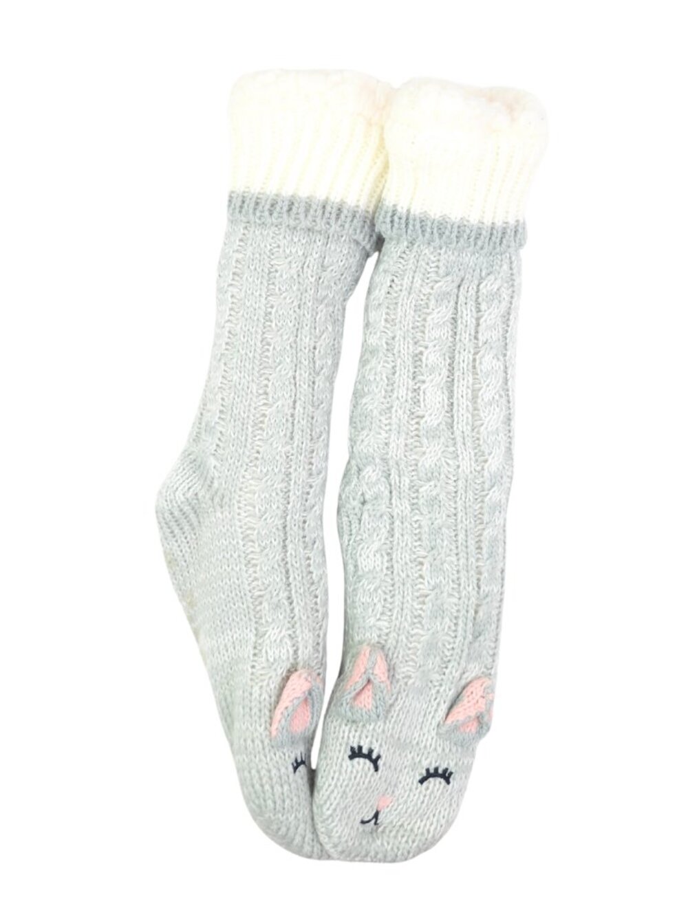 Jane And Bleecker Women's Gray Kitty Cable Knit Plushfill Lined Slipper Socks